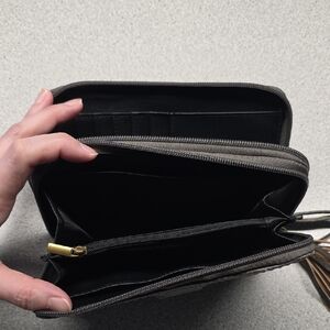 boc Black Leather Wristlet Clutch with Tassel Accent